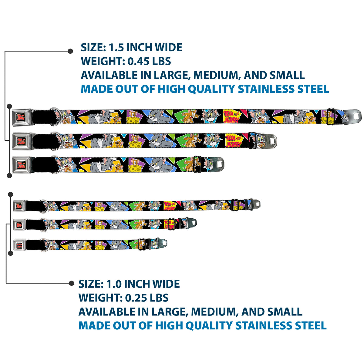 Tom and Jerry Logo Full Color Black Red Seatbelt Buckle Collar - TOM & JERRY Poses Black/Multi Color Dog Collars Seatbelt Buckle Tom and Jerry