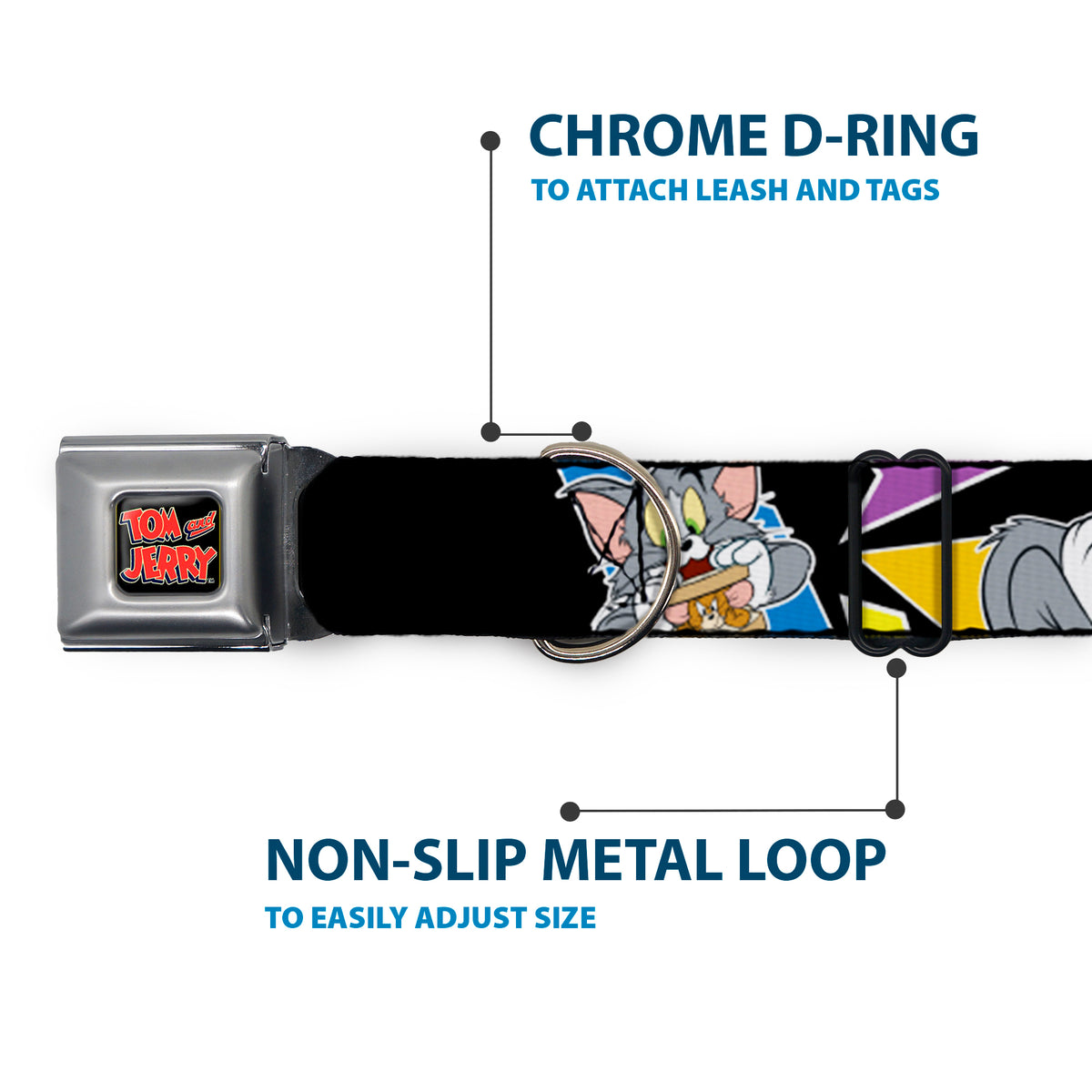 Tom and Jerry Logo Full Color Black Red Seatbelt Buckle Collar - TOM & JERRY Poses Black/Multi Color Dog Collars Seatbelt Buckle Tom and Jerry