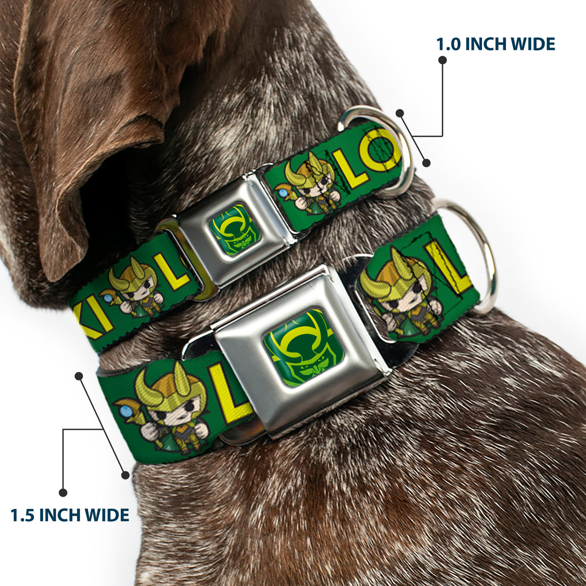 Loki Face Icon Full Color Yellow/Greens Seatbelt Buckle Collar - Kawaii LOKI Standing Pose/Text Green/Yellow Dog Collars Seatbelt Buckle Marvel Comics