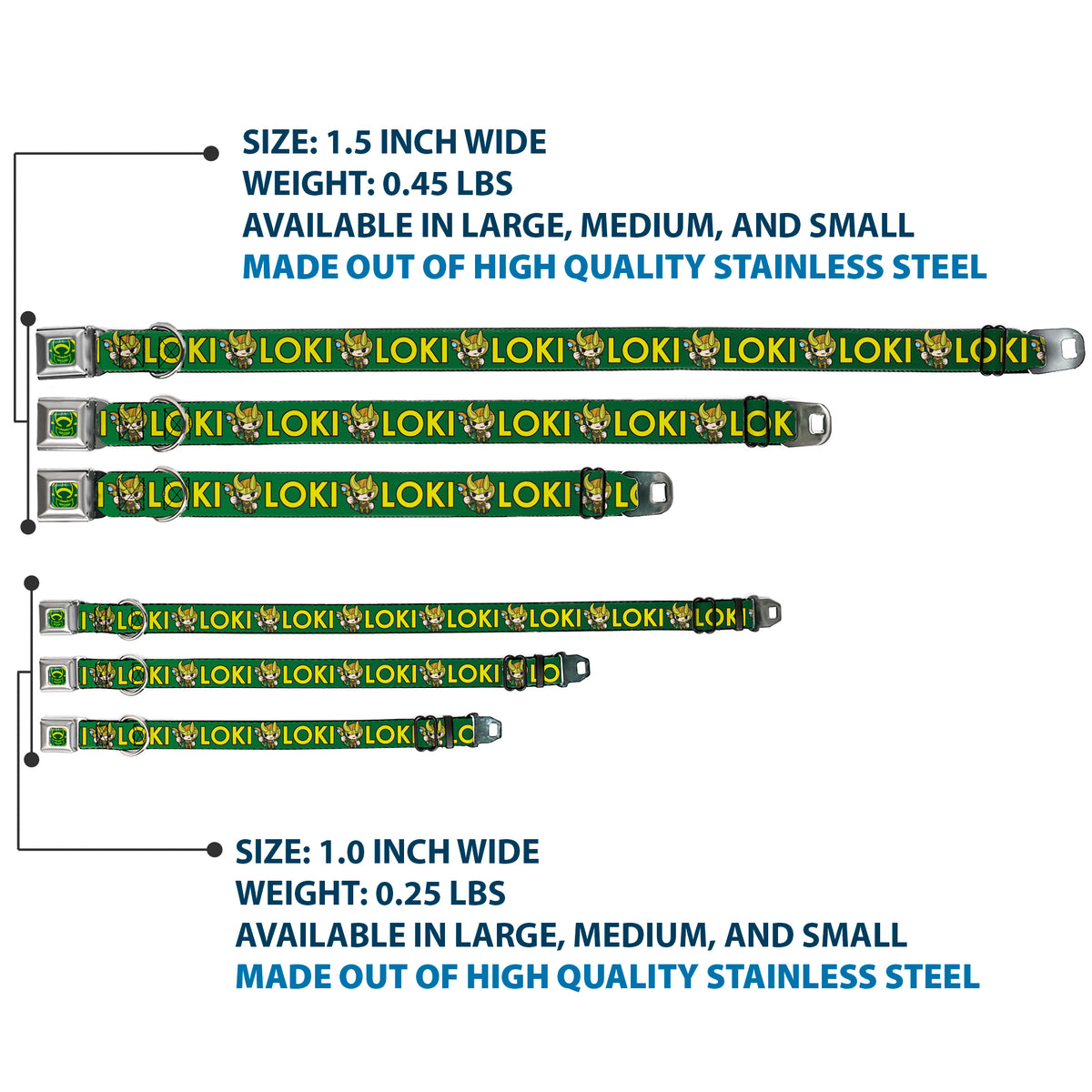 Loki Face Icon Full Color Yellow/Greens Seatbelt Buckle Collar - Kawaii LOKI Standing Pose/Text Green/Yellow Dog Collars Seatbelt Buckle Marvel Comics