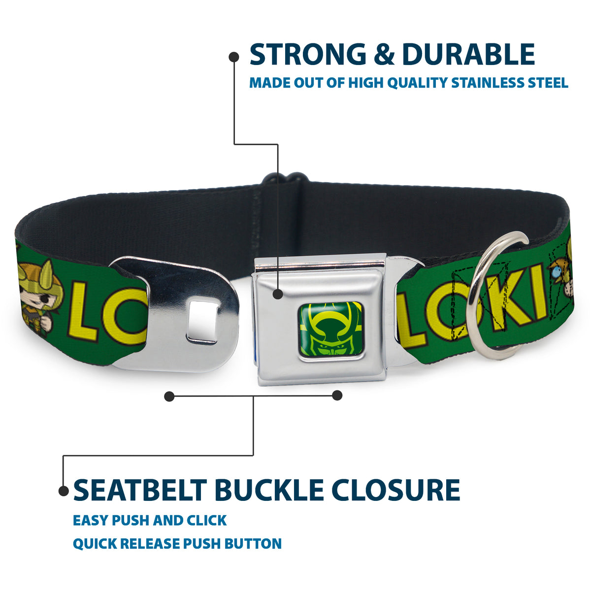 Loki Face Icon Full Color Yellow/Greens Seatbelt Buckle Collar - Kawaii LOKI Standing Pose/Text Green/Yellow Dog Collars Seatbelt Buckle Marvel Comics
