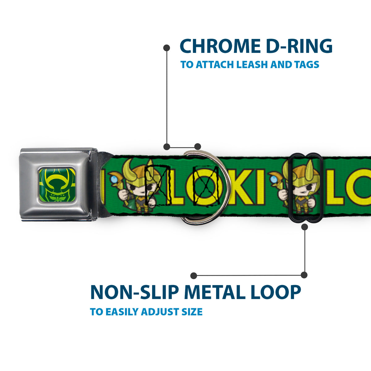 Loki Face Icon Full Color Yellow/Greens Seatbelt Buckle Collar - Kawaii LOKI Standing Pose/Text Green/Yellow Dog Collars Seatbelt Buckle Marvel Comics