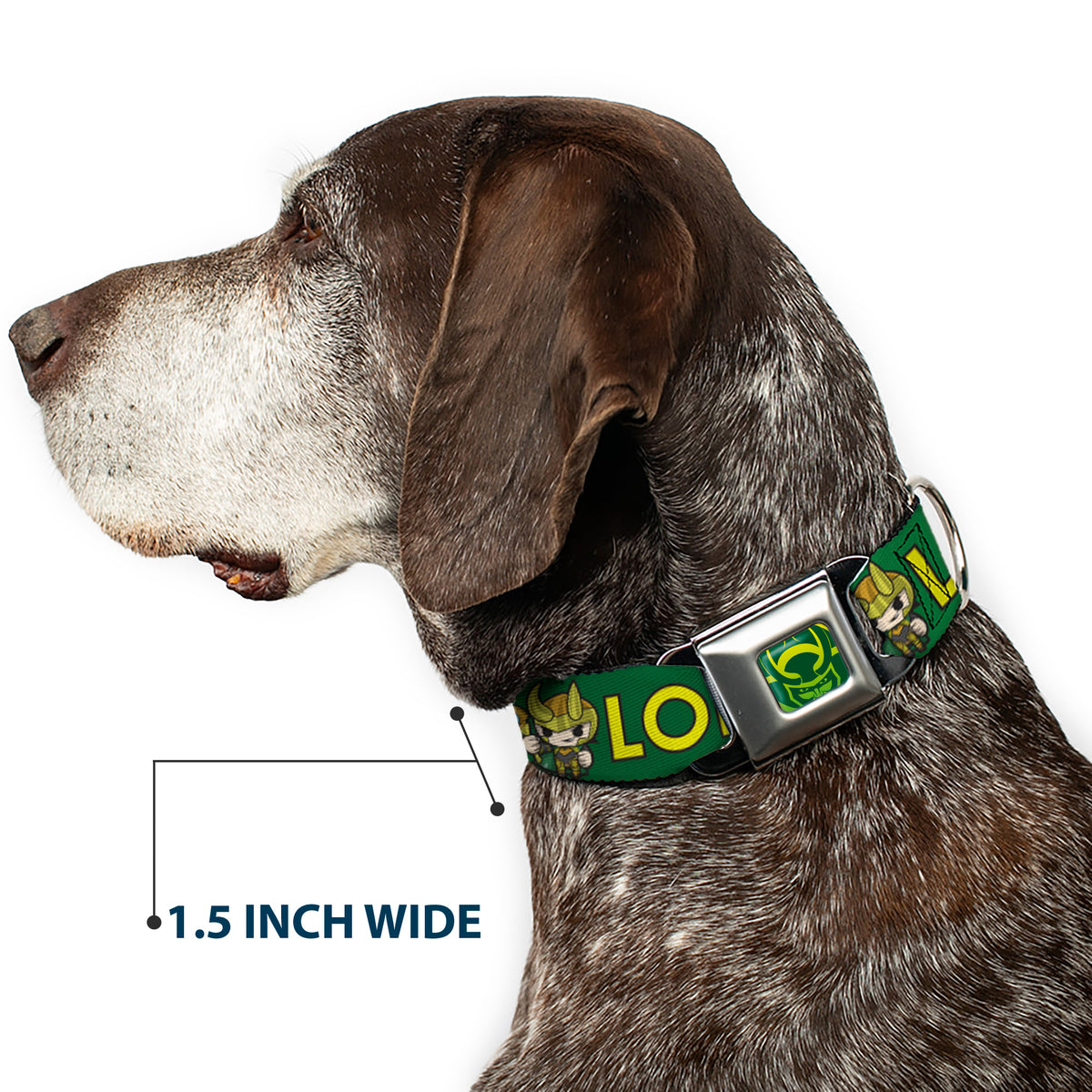 Loki Face Icon Full Color Yellow/Greens Seatbelt Buckle Collar - Kawaii LOKI Standing Pose/Text Green/Yellow Dog Collars Seatbelt Buckle Marvel Comics