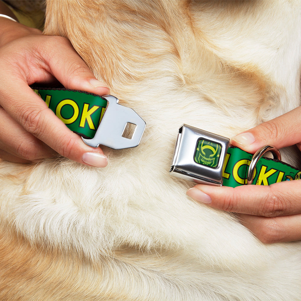 Loki Face Icon Full Color Yellow/Greens Seatbelt Buckle Collar - Kawaii LOKI Standing Pose/Text Green/Yellow Dog Collars Seatbelt Buckle Marvel Comics