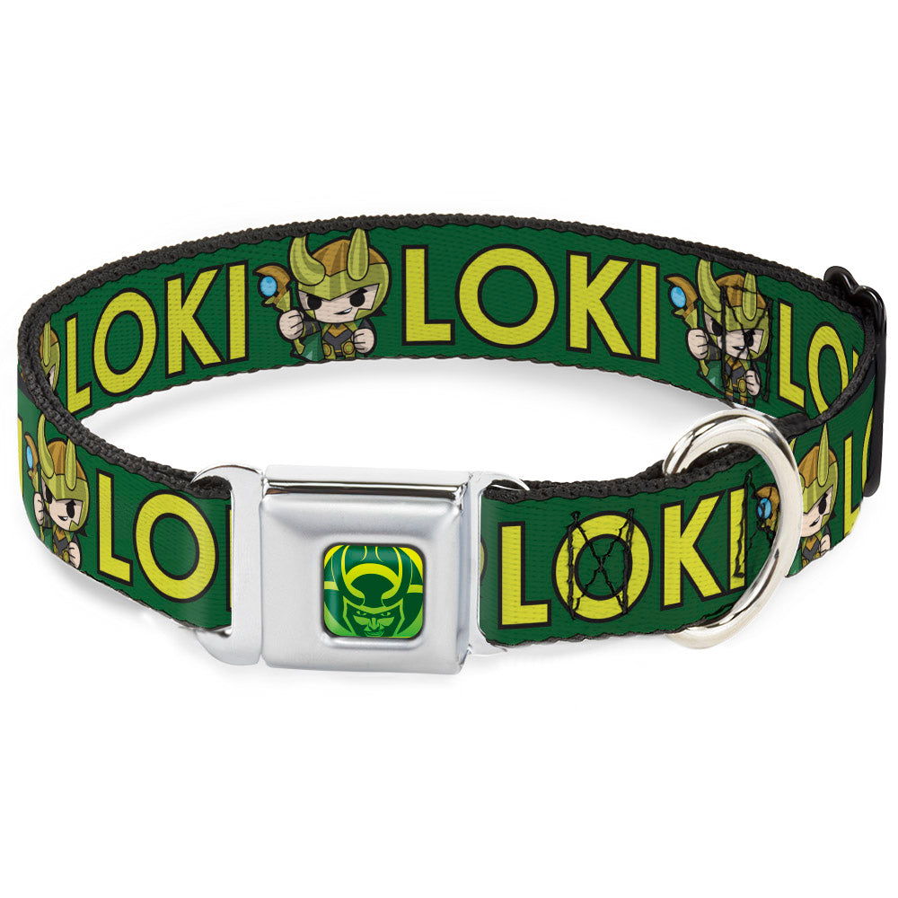 Loki Face Icon Full Color Yellow/Greens Seatbelt Buckle Collar - Kawaii LOKI Standing Pose/Text Green/Yellow Dog Collars Seatbelt Buckle Marvel Comics