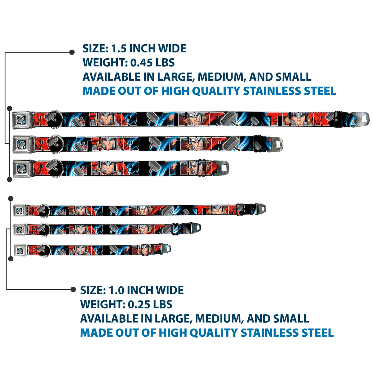 MARVEL AVENGERS Thor's Hammer Full Color Seatbelt Buckle Collar - THOR Poses/Hammer Dog Collars Seatbelt Buckle Marvel Comics