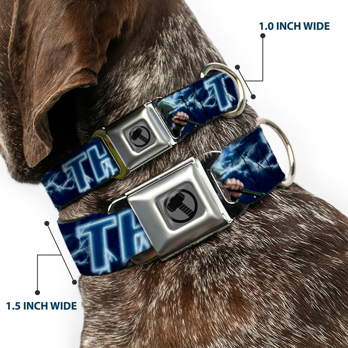 Thor Avengers Icon Silver/Black Seatbelt Buckle Collar - Avengers THOR Hammer/Action Pose Galaxy Blues/White Dog Collars Seatbelt Buckle Marvel Comics