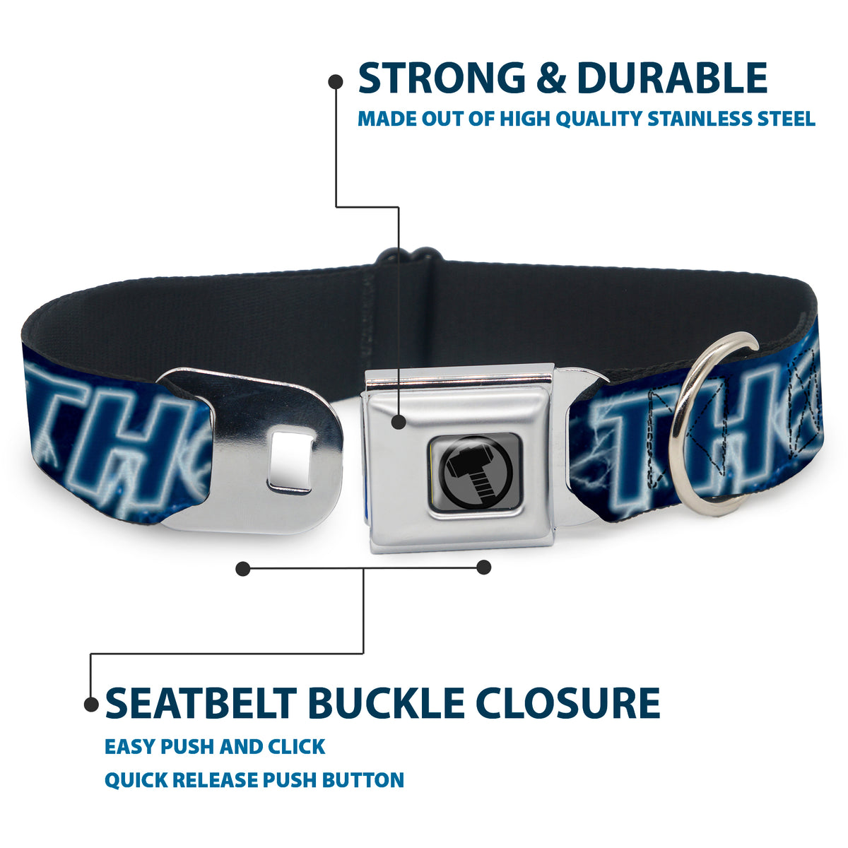 Thor Avengers Icon Silver/Black Seatbelt Buckle Collar - Avengers THOR Hammer/Action Pose Galaxy Blues/White Dog Collars Seatbelt Buckle Marvel Comics