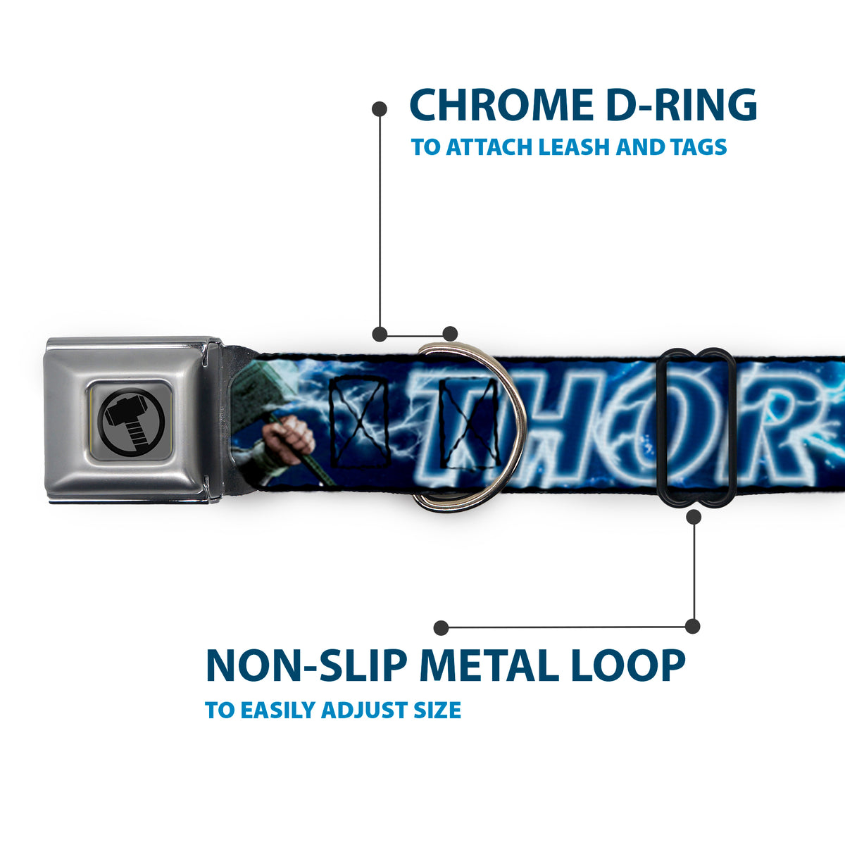 Thor Avengers Icon Silver/Black Seatbelt Buckle Collar - Avengers THOR Hammer/Action Pose Galaxy Blues/White Dog Collars Seatbelt Buckle Marvel Comics