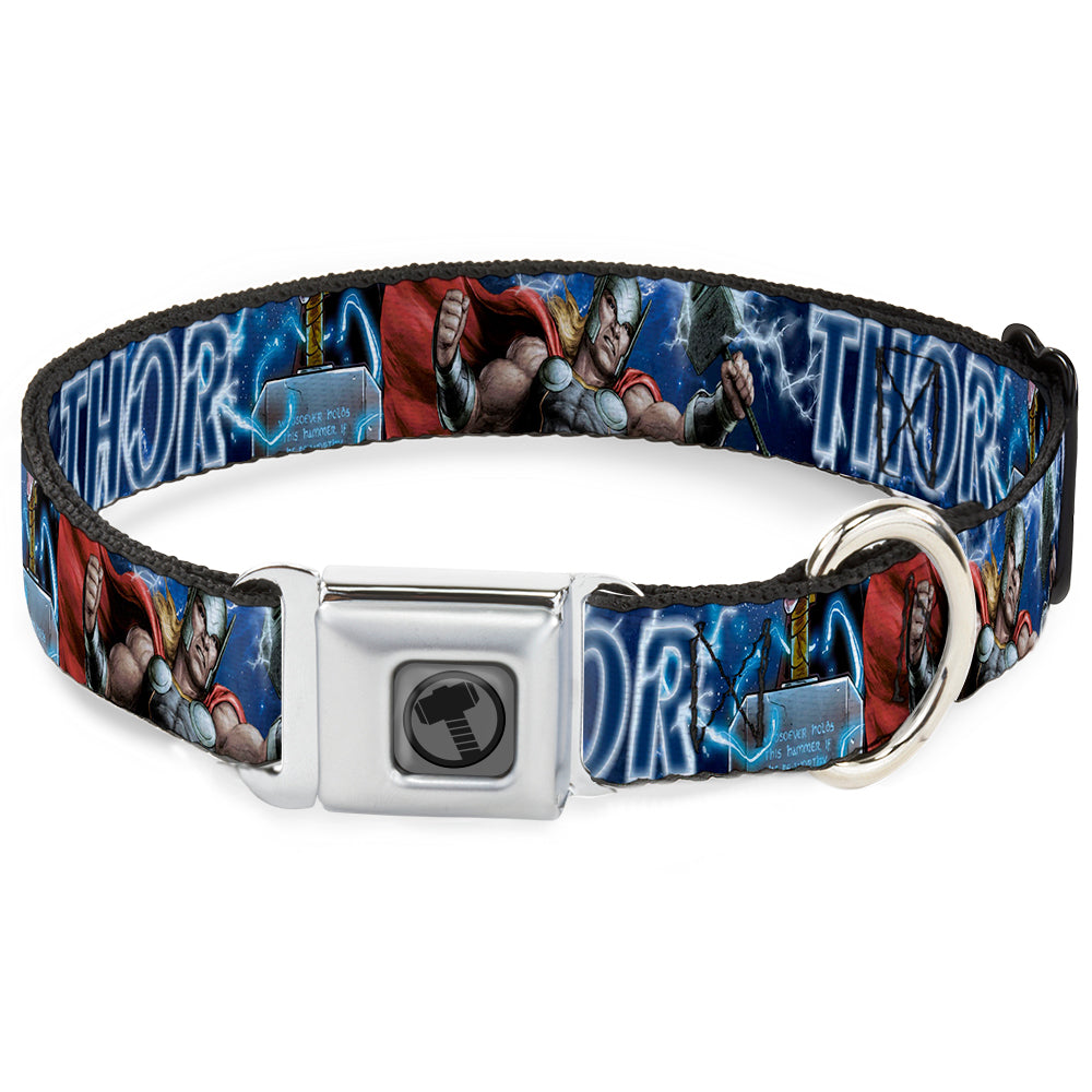 Thor Avengers Icon Silver/Black Seatbelt Buckle Collar - Avengers THOR Hammer/Action Pose Galaxy Blues/White Dog Collars Seatbelt Buckle Marvel Comics