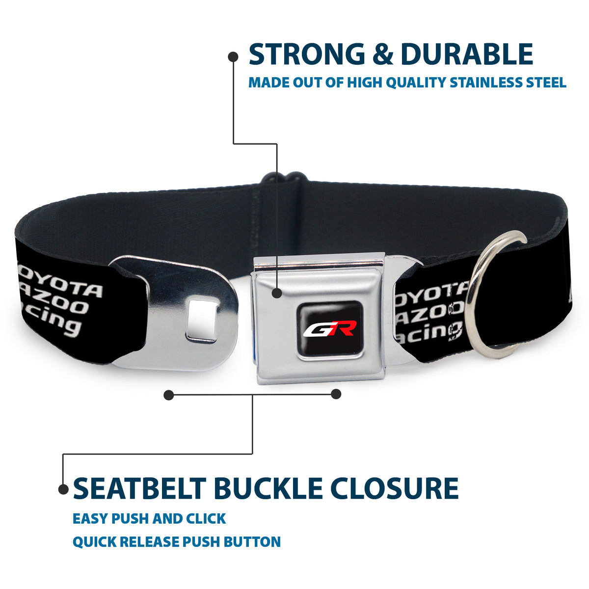 Toyota Gazoo Racing GR Logo Full Color Black/White Red Seatbelt Buckle Collar - TOYOTA GAZOO RACING GR NORTH AMERICA Logo and Text Black/White/Red Dog Collars Seatbelt Buckle Toyota