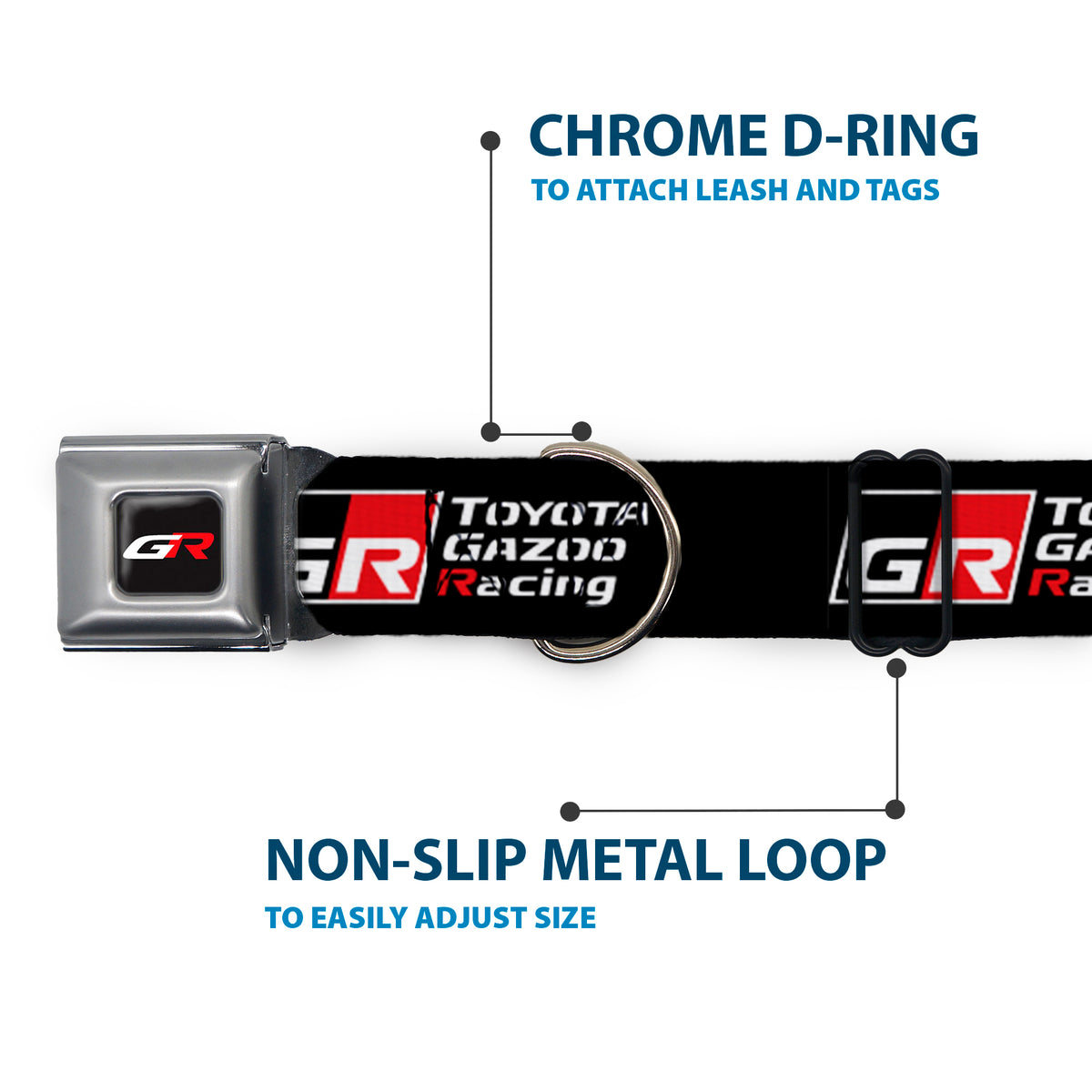 Toyota Gazoo Racing GR Logo Full Color Black/White Red Seatbelt Buckle Collar - TOYOTA GAZOO RACING GR NORTH AMERICA Logo and Text Black/White/Red Dog Collars Seatbelt Buckle Toyota
