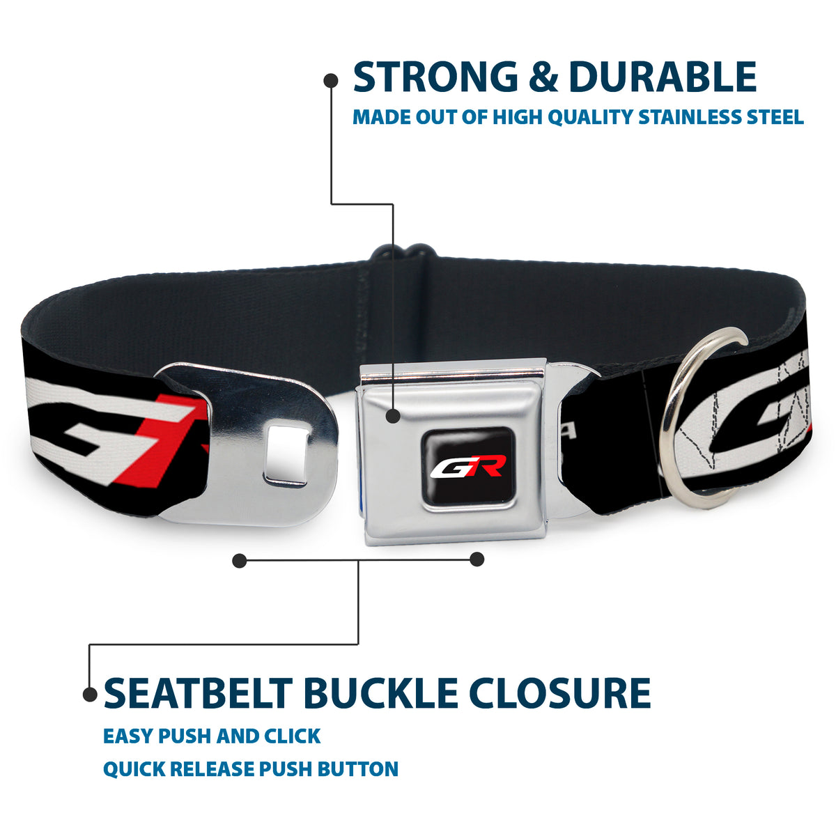 Toyota Gazoo Racing GR Logo Full Color Black/White Red Seatbelt Buckle Collar - TOYOTA GAZOO RACING GR Logo and Text Black/White/Red Dog Collars Seatbelt Buckle Toyota