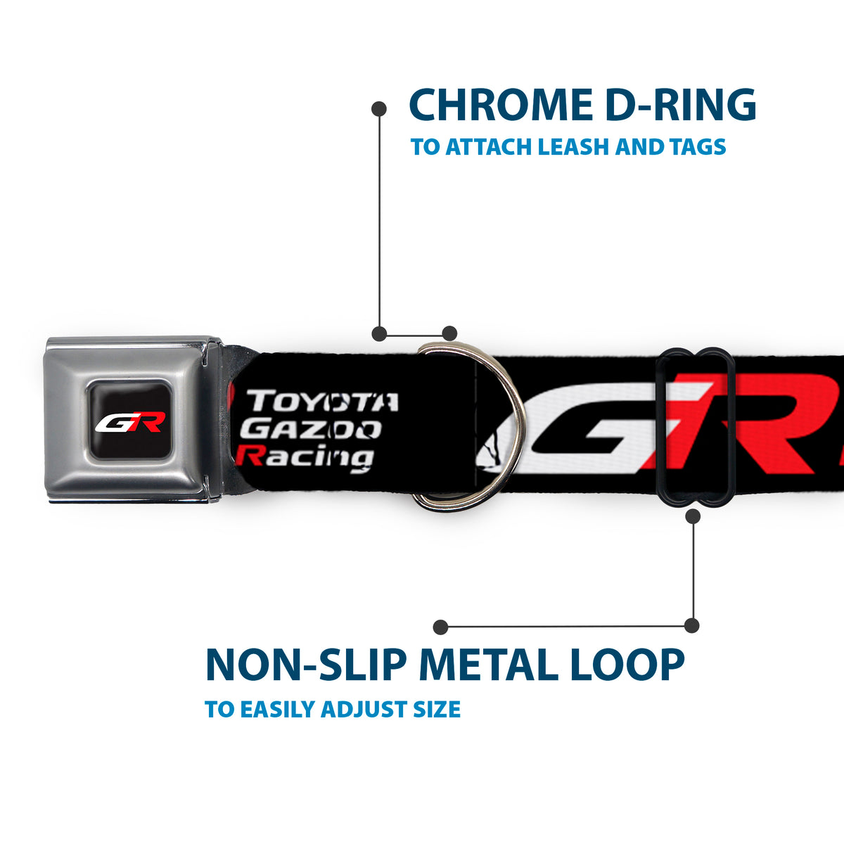 Toyota Gazoo Racing GR Logo Full Color Black/White Red Seatbelt Buckle Collar - TOYOTA GAZOO RACING GR Logo and Text Black/White/Red Dog Collars Seatbelt Buckle Toyota
