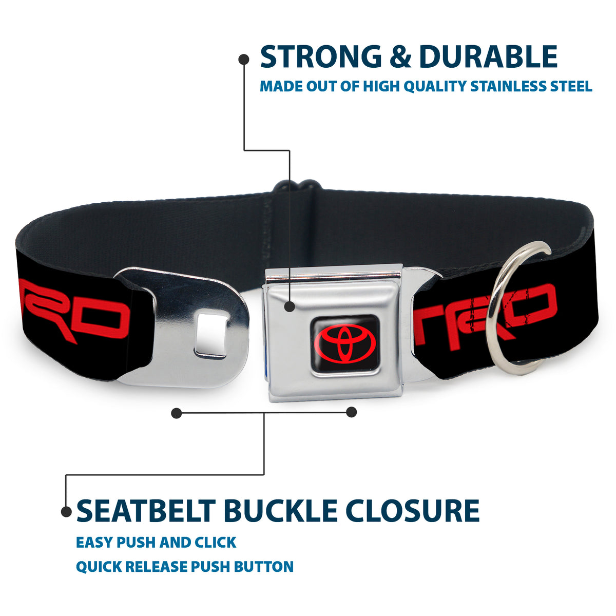 Toyota Logo Full Color Black/Red Seatbelt Buckle Collar - Toyota Racing Development TRD Logo Black/Red Dog Collars Seatbelt Buckle Toyota