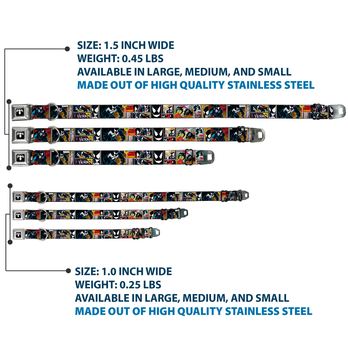 Venom Spider Logo Black/White Seatbelt Buckle Collar - Venom Comic Book Panels Dog Collars Seatbelt Buckle Marvel Comics