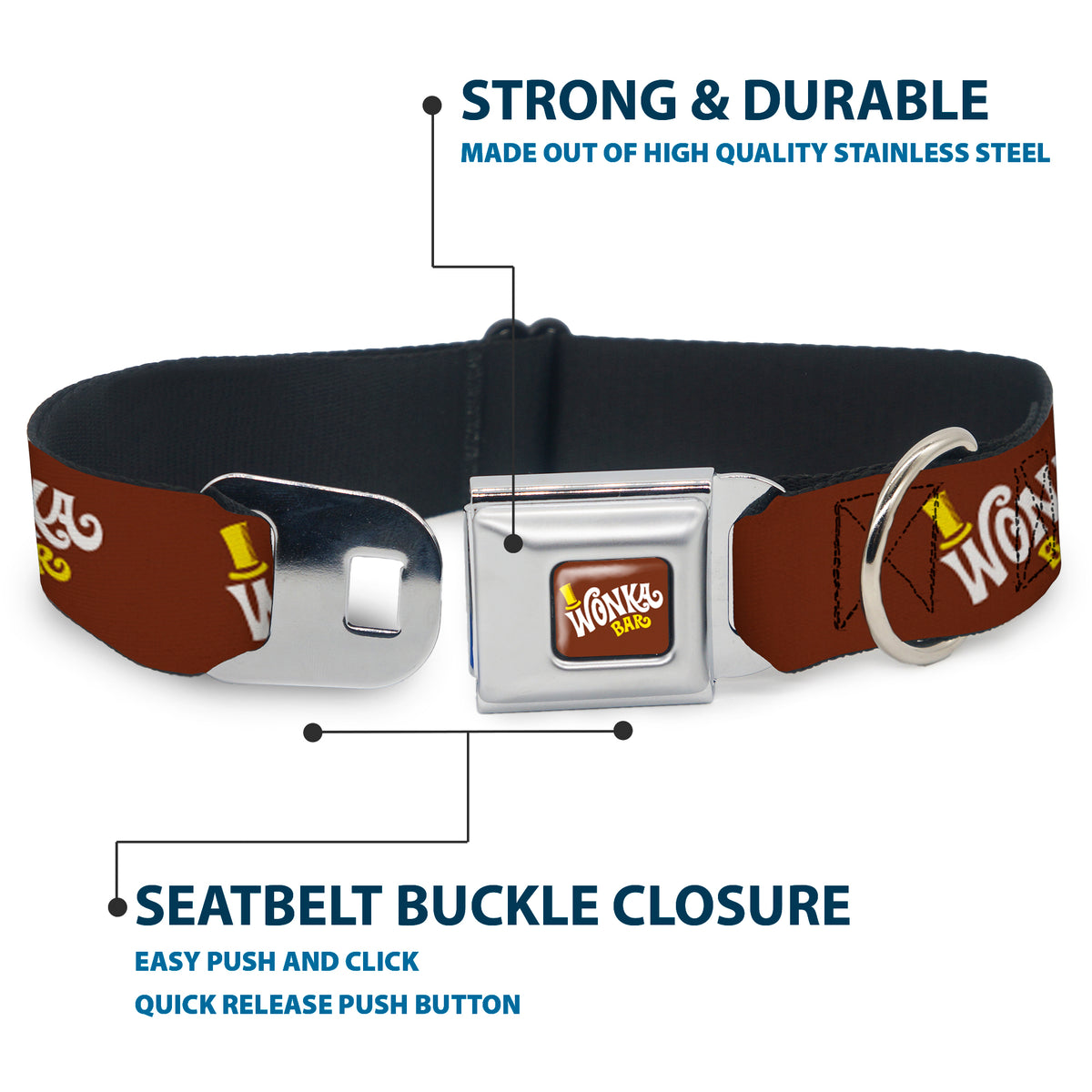 Willy Wonka and the Chocolate Factory WONKA BAR Logo Full Color Brown/Yellow/White Seatbelt Buckle Collar - Willy Wonka and the Chocolate Factory WONKA BAR Logo Brown/Yellow/White Dog Collars Seatbelt Buckle Willy Wonka and the Chocolate Factory