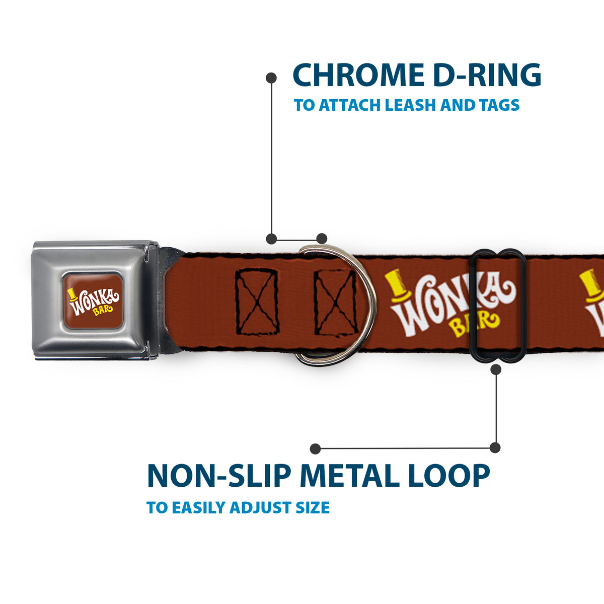 Willy Wonka and the Chocolate Factory WONKA BAR Logo Full Color Brown/Yellow/White Seatbelt Buckle Collar - Willy Wonka and the Chocolate Factory WONKA BAR Logo Brown/Yellow/White Dog Collars Seatbelt Buckle Willy Wonka and the Chocolate Factory