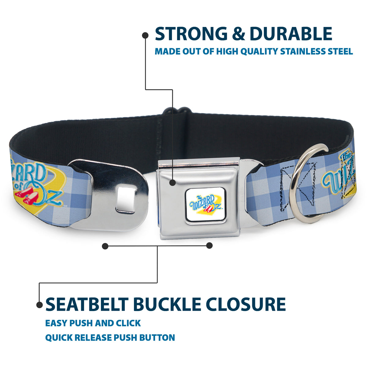 THE WIZARD OF OZ Logo Full Color White Seatbelt Buckle Collar - THE WIZARD OF OZ Logo Gingham Checker Blues Dog Collars Seatbelt Buckle The Wizard of Oz