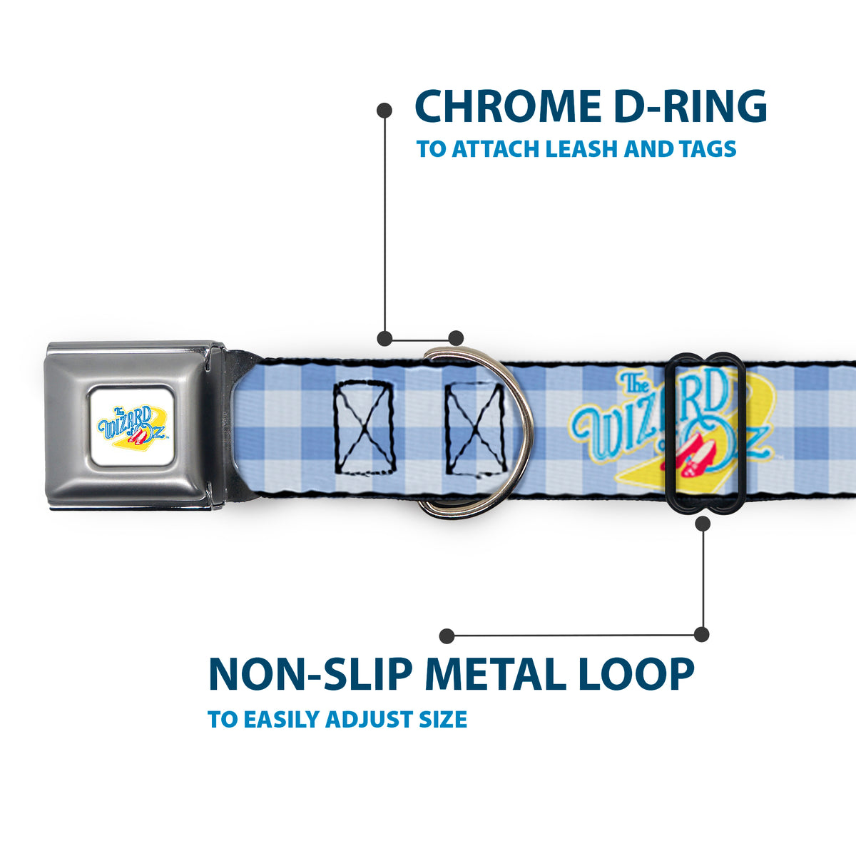 THE WIZARD OF OZ Logo Full Color White Seatbelt Buckle Collar - THE WIZARD OF OZ Logo Gingham Checker Blues Dog Collars Seatbelt Buckle The Wizard of Oz