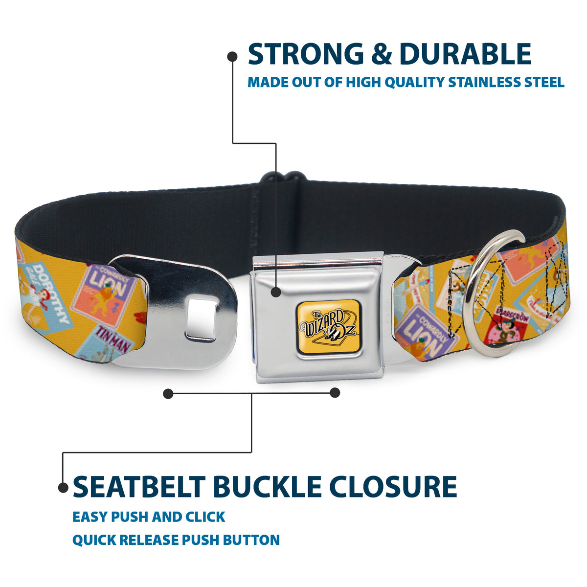 THE WIZARD OF OZ Title Logo Full Color Yellow/Black Seatbelt Buckle Collar - The Wizard of Oz Characters Scenes and Icons Collage Yellow Dog Collars Seatbelt Buckle The Wizard of Oz