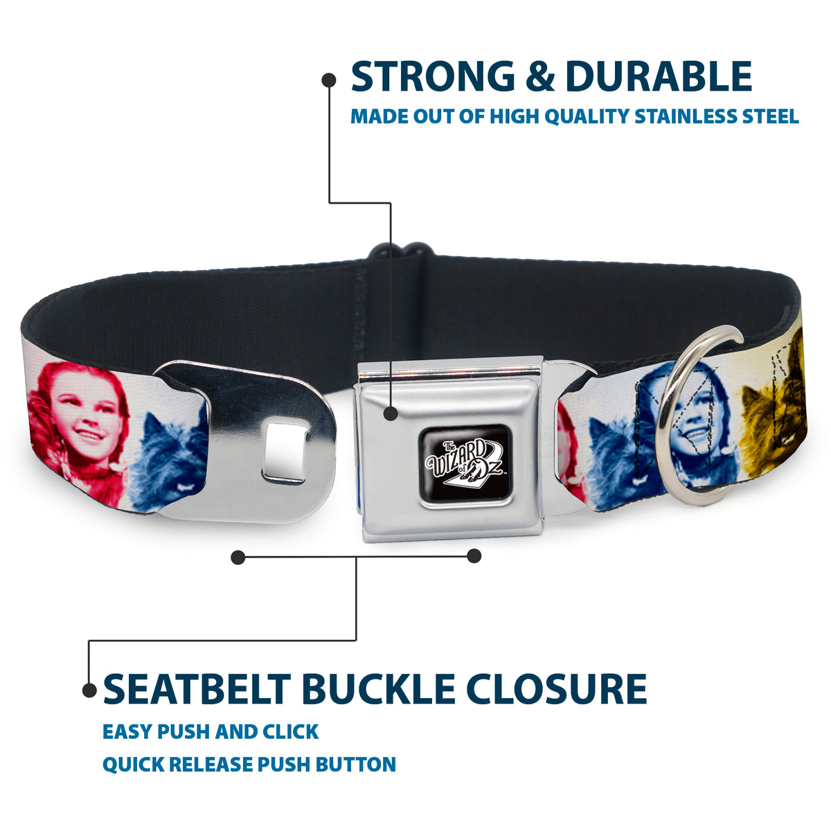 THE WIZARD OF OZ Title Logo Full Color Black/White Seatbelt Buckle Collar - The Wizard of Oz Dorothy and Toto Pose Blocks Blues/Yellows/Reds Dog Collars Seatbelt Buckle The Wizard of Oz