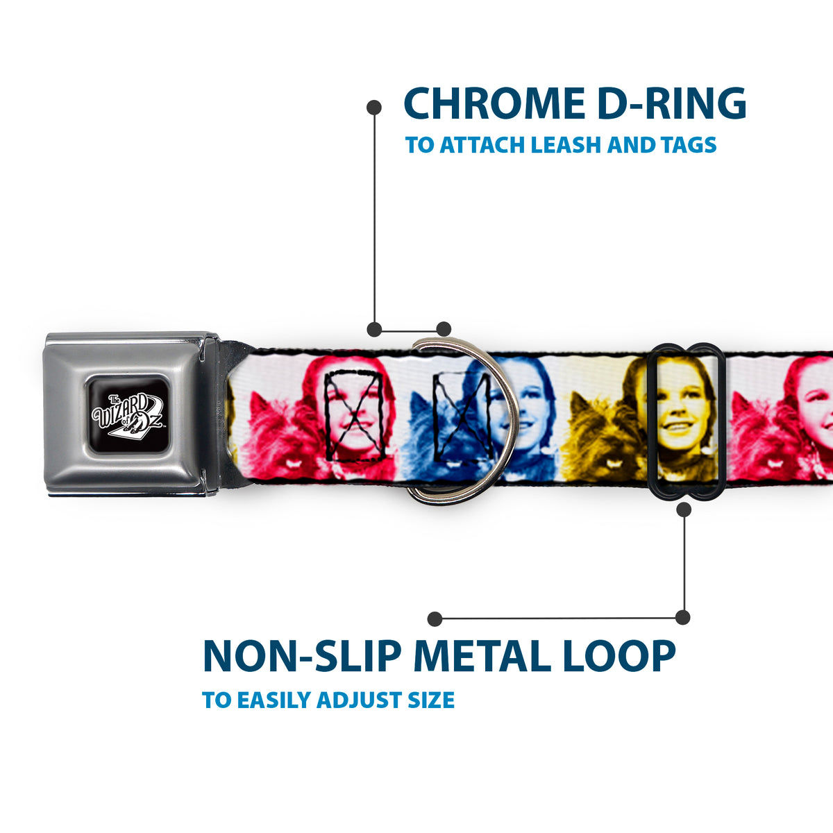 THE WIZARD OF OZ Title Logo Full Color Black/White Seatbelt Buckle Collar - The Wizard of Oz Dorothy and Toto Pose Blocks Blues/Yellows/Reds Dog Collars Seatbelt Buckle The Wizard of Oz