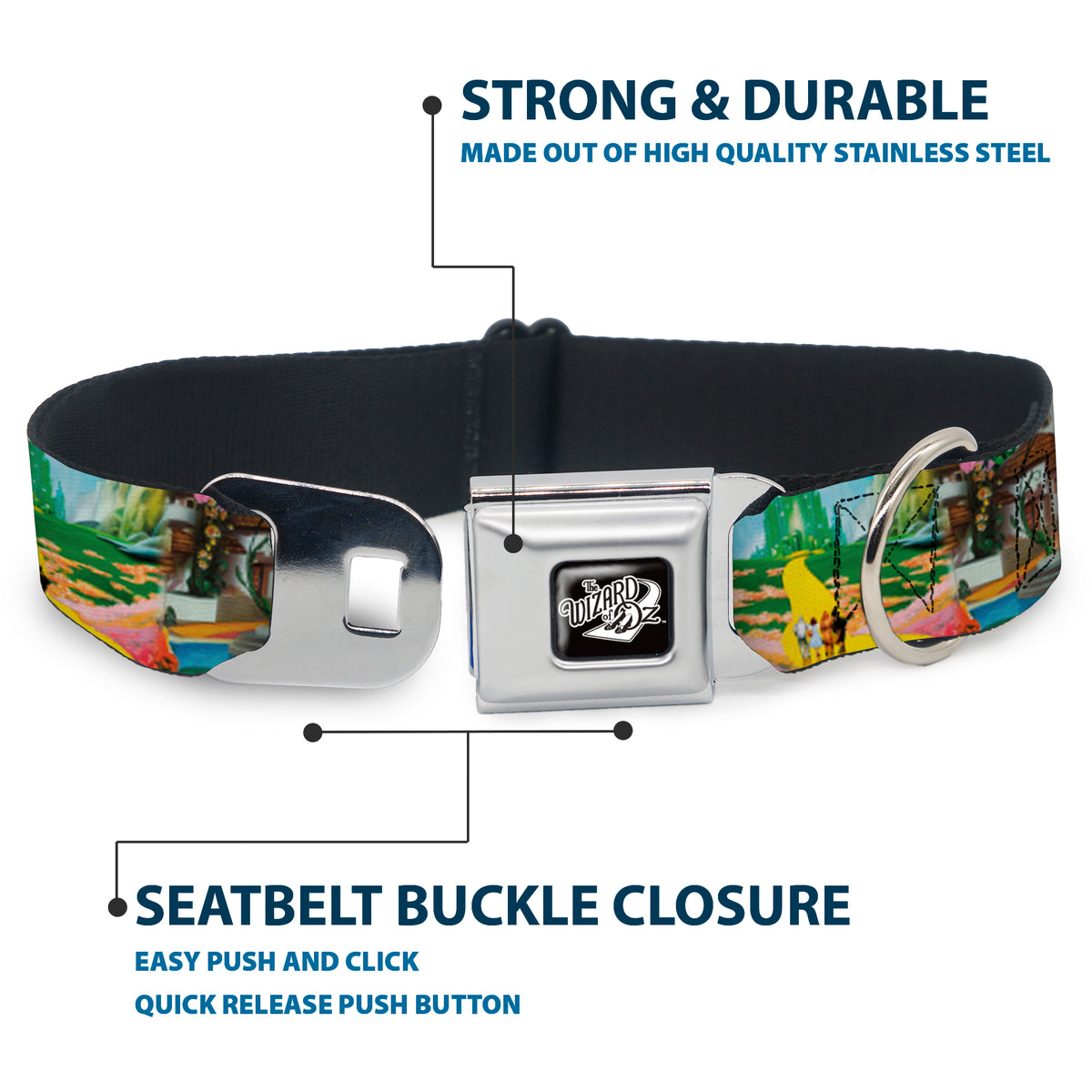 THE WIZARD OF OZ Title Logo Full Color Black/White Seatbelt Buckle Collar - The Wizard of Oz Yellow Brick Road Scenes Dog Collars Seatbelt Buckle The Wizard of Oz
