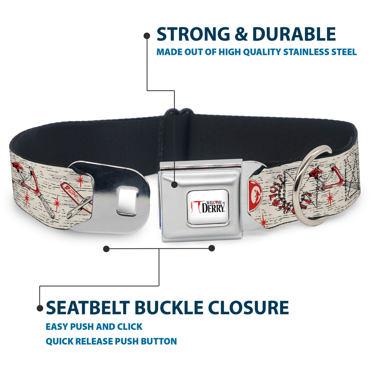 IT WELCOME TO DERRY Title Logo Full Color White Seatbelt Buckle Collar - IT Welcome to Derry Icons Collage White/Black/Red Dog Collars Seatbelt Buckle IT