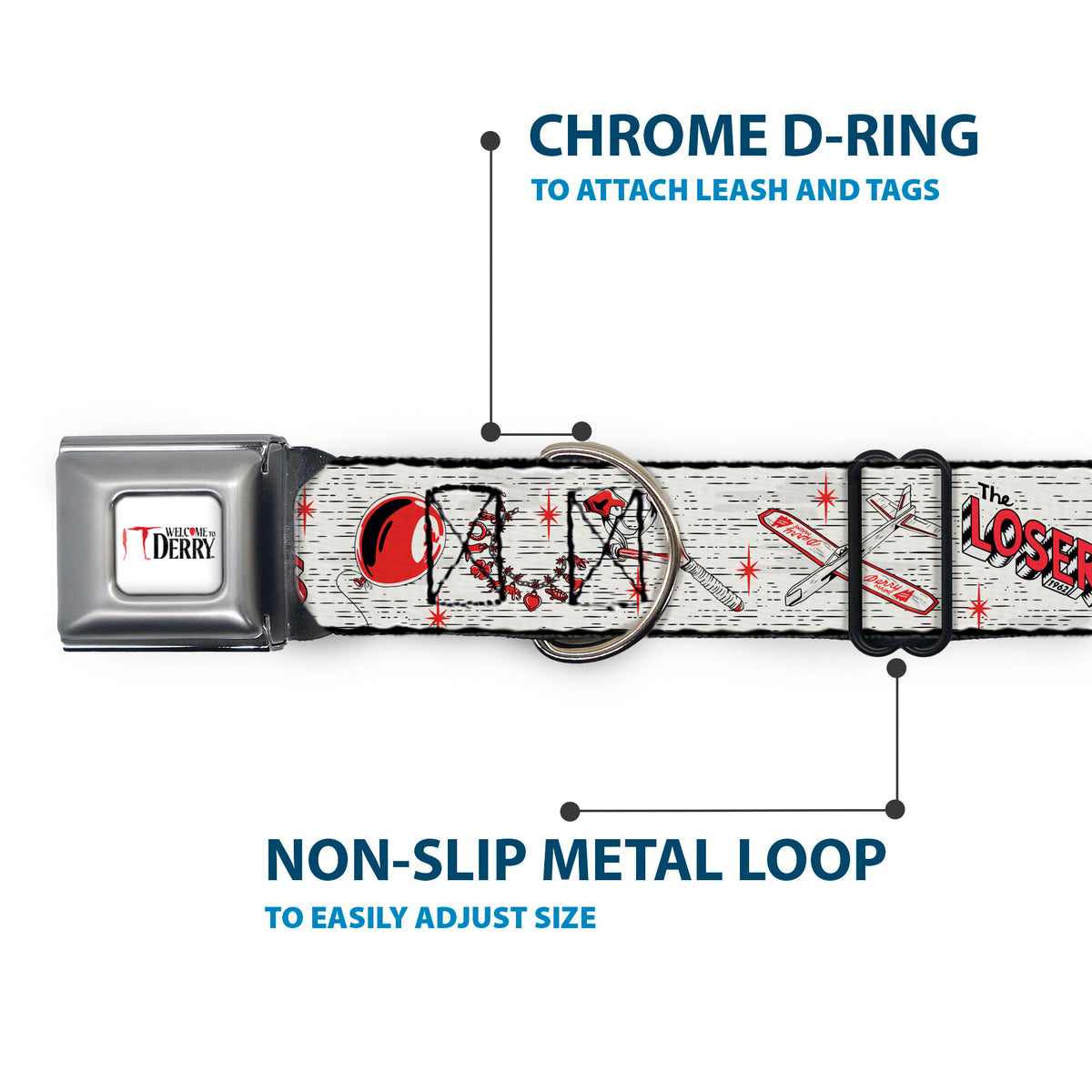 IT WELCOME TO DERRY Title Logo Full Color White Seatbelt Buckle Collar - IT Welcome to Derry Icons Collage White/Black/Red Dog Collars Seatbelt Buckle IT