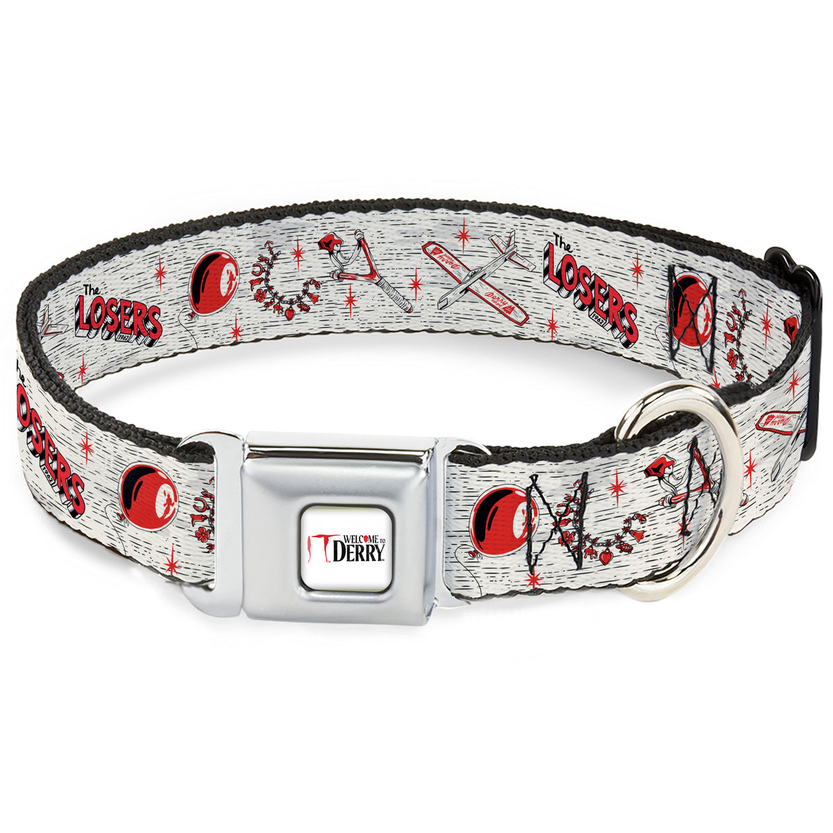 IT WELCOME TO DERRY Title Logo Full Color White Seatbelt Buckle Collar - IT Welcome to Derry Icons Collage White/Black/Red Dog Collars Seatbelt Buckle IT