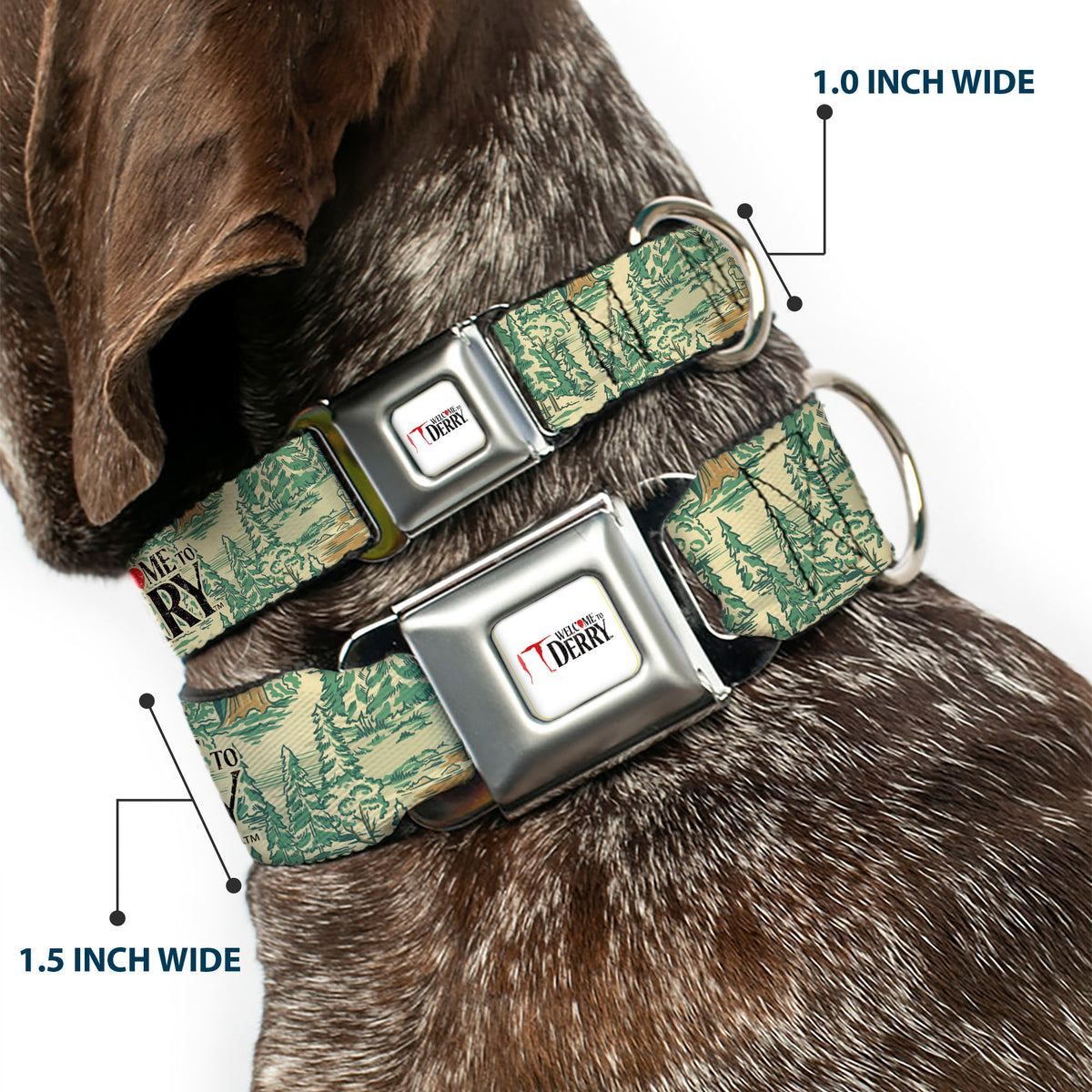 IT WELCOME TO DERRY Title Logo Full Color White Seatbelt Buckle Collar - IT WELCOME TO DERRY Forest Scenery and Title Logo Beige/Greens Dog Collars Seatbelt Buckle IT