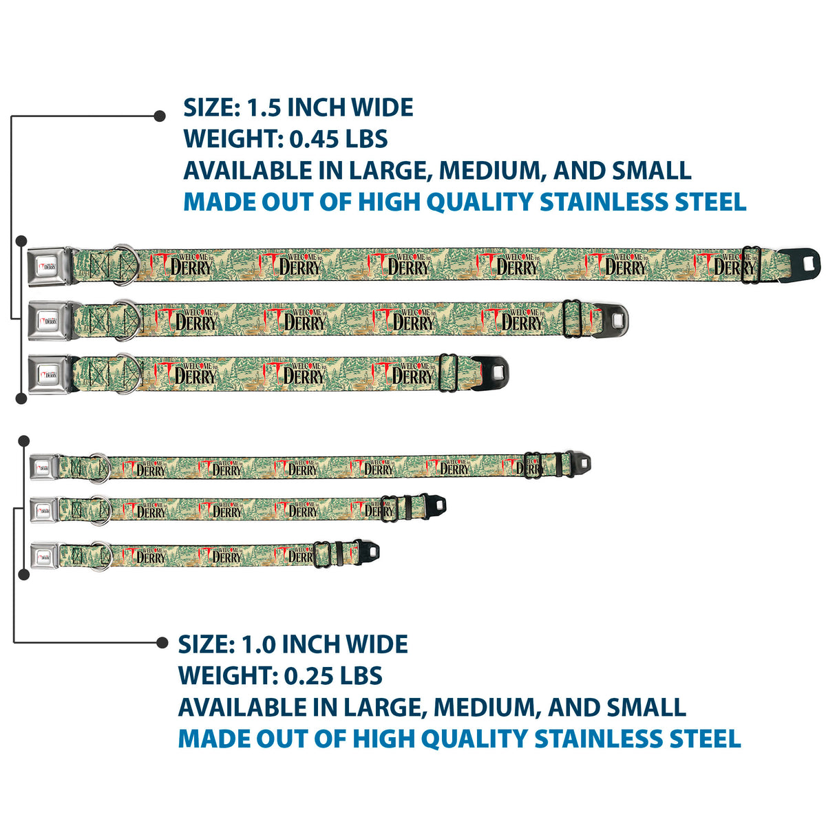 IT WELCOME TO DERRY Title Logo Full Color White Seatbelt Buckle Collar - IT WELCOME TO DERRY Forest Scenery and Title Logo Beige/Greens Dog Collars Seatbelt Buckle IT