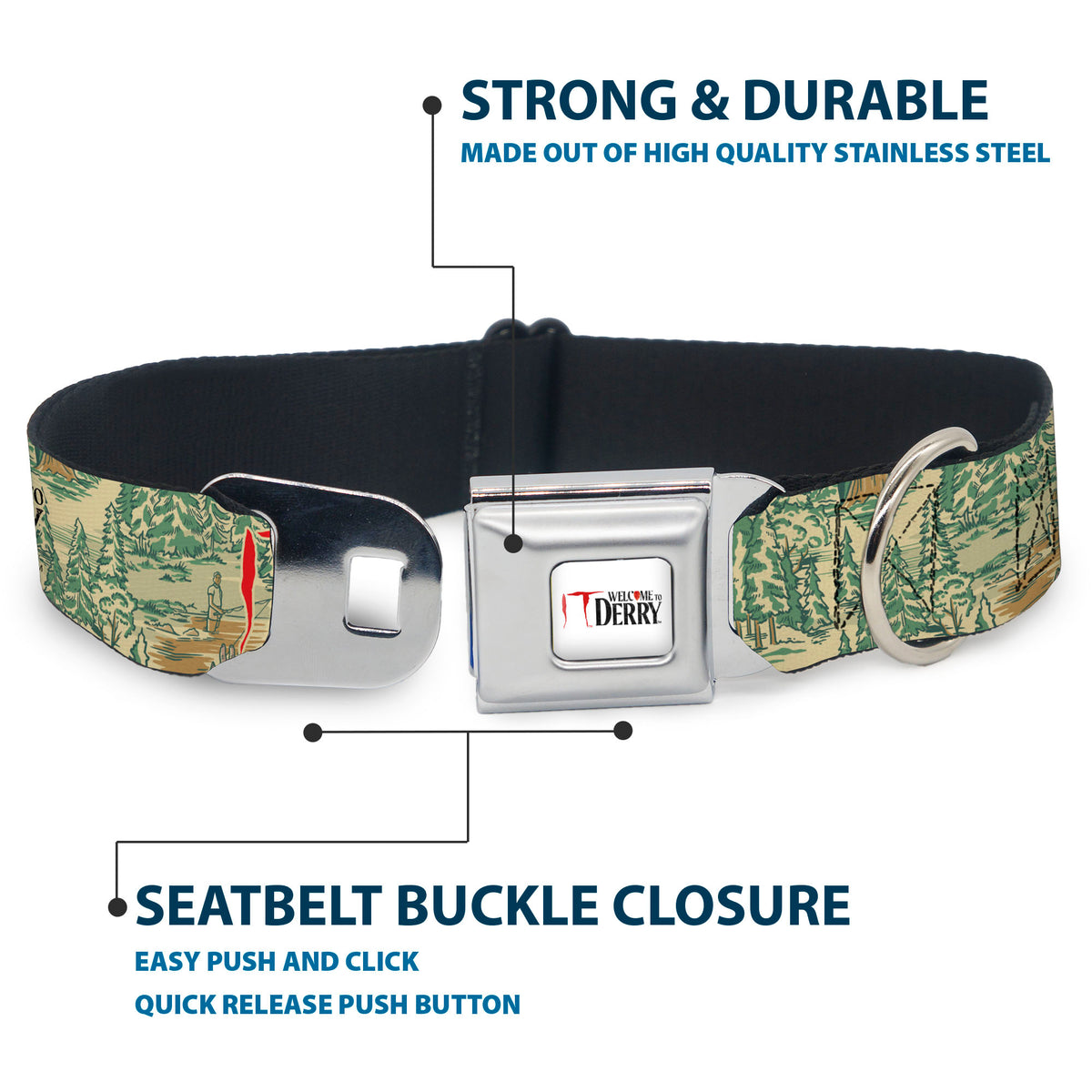 IT WELCOME TO DERRY Title Logo Full Color White Seatbelt Buckle Collar - IT WELCOME TO DERRY Forest Scenery and Title Logo Beige/Greens Dog Collars Seatbelt Buckle IT