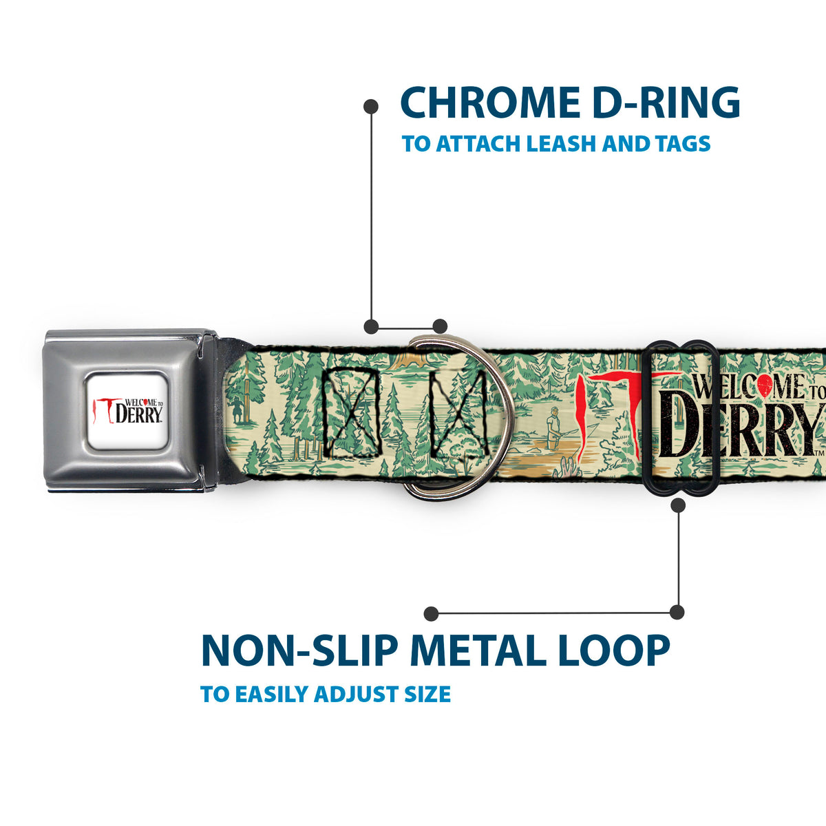 IT WELCOME TO DERRY Title Logo Full Color White Seatbelt Buckle Collar - IT WELCOME TO DERRY Forest Scenery and Title Logo Beige/Greens Dog Collars Seatbelt Buckle IT