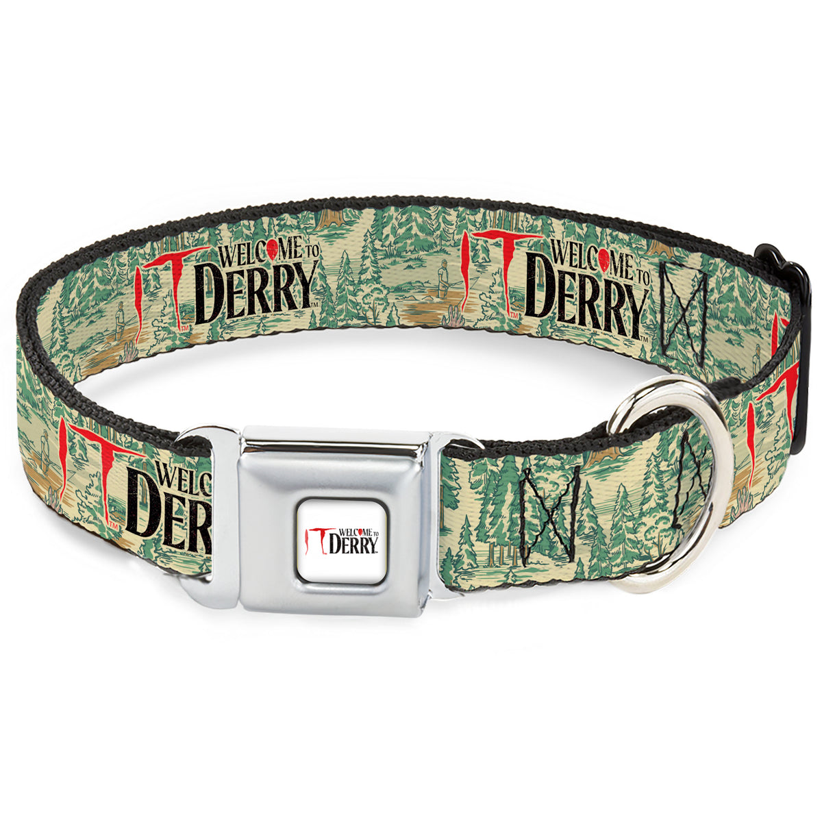 IT WELCOME TO DERRY Title Logo Full Color White Seatbelt Buckle Collar - IT WELCOME TO DERRY Forest Scenery and Title Logo Beige/Greens Dog Collars Seatbelt Buckle IT
