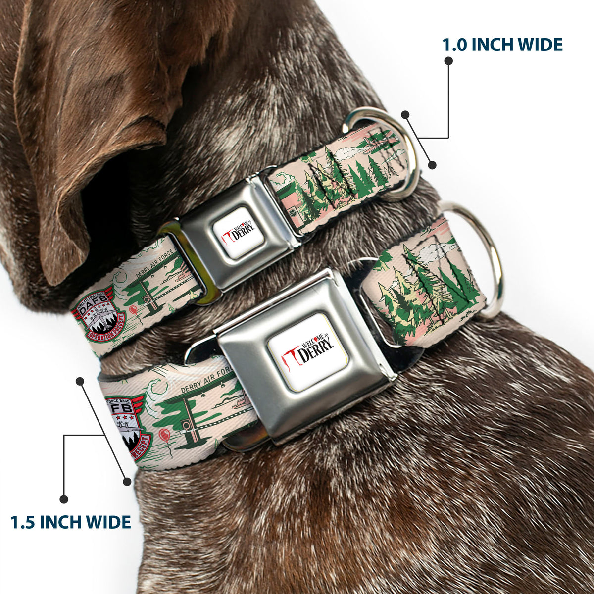 IT WELCOME TO DERRY Title Logo Full Color White Seatbelt Buckle Collar - IT Welcome to Derry Air Force Base and Forest Scenery Beige/Greens Dog Collars Seatbelt Buckle IT
