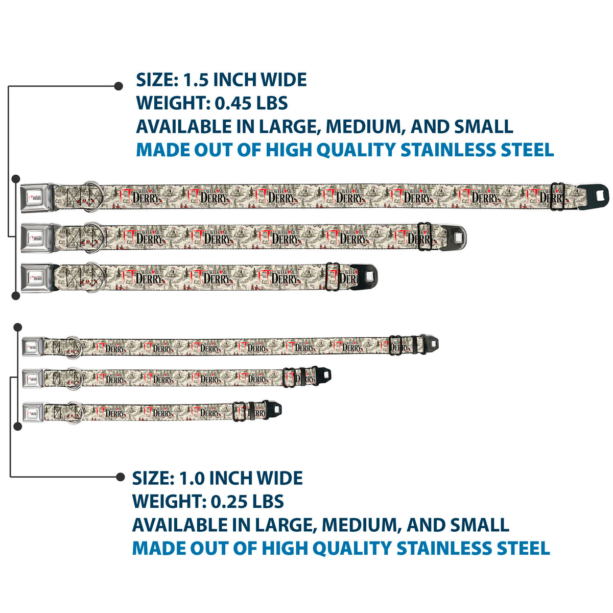 IT WELCOME TO DERRY Title Logo Full Color White Seatbelt Buckle Collar - IT WELCOME TO DERRY Camping Forest Scenery and Title Logo Beige/Grays Dog Collars Seatbelt Buckle IT