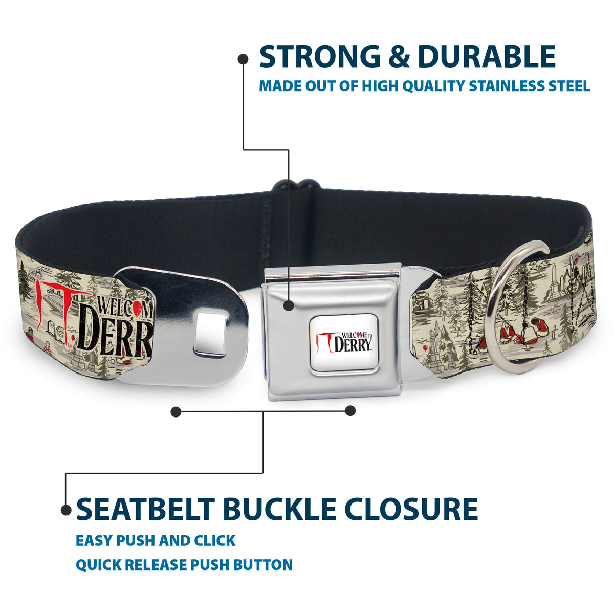 IT WELCOME TO DERRY Title Logo Full Color White Seatbelt Buckle Collar - IT WELCOME TO DERRY Camping Forest Scenery and Title Logo Beige/Grays Dog Collars Seatbelt Buckle IT