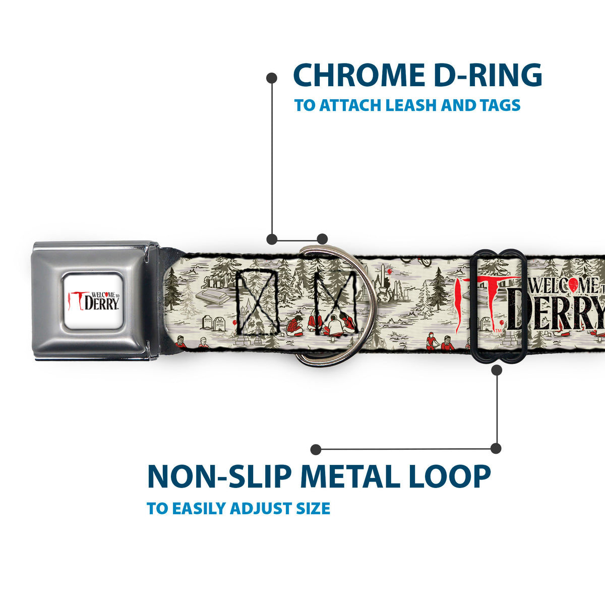 IT WELCOME TO DERRY Title Logo Full Color White Seatbelt Buckle Collar - IT WELCOME TO DERRY Camping Forest Scenery and Title Logo Beige/Grays Dog Collars Seatbelt Buckle IT