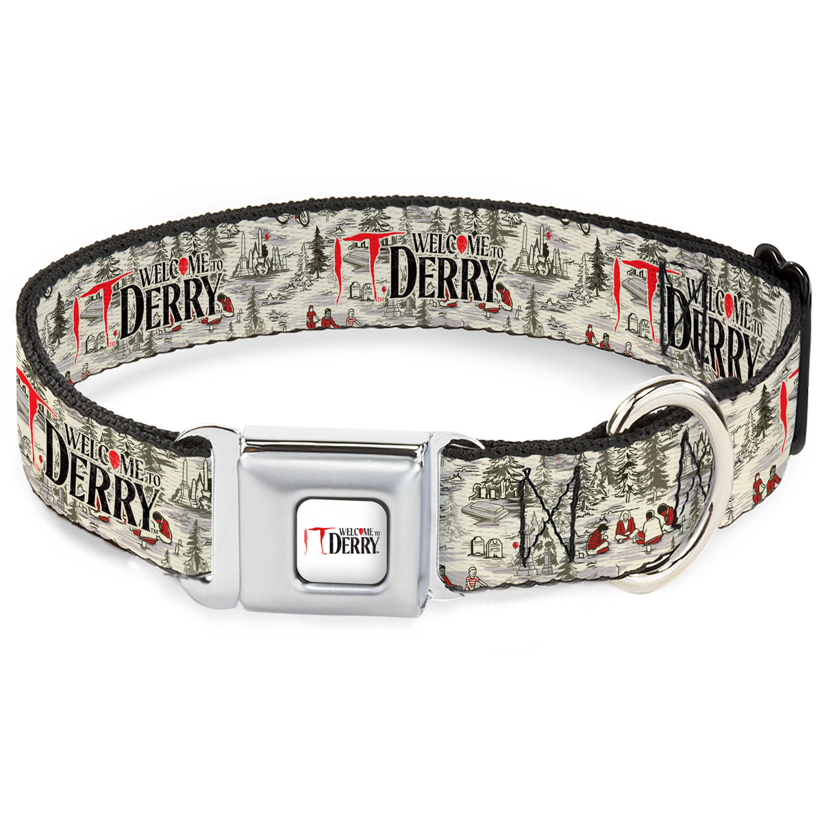 IT WELCOME TO DERRY Title Logo Full Color White Seatbelt Buckle Collar - IT WELCOME TO DERRY Camping Forest Scenery and Title Logo Beige/Grays Dog Collars Seatbelt Buckle IT