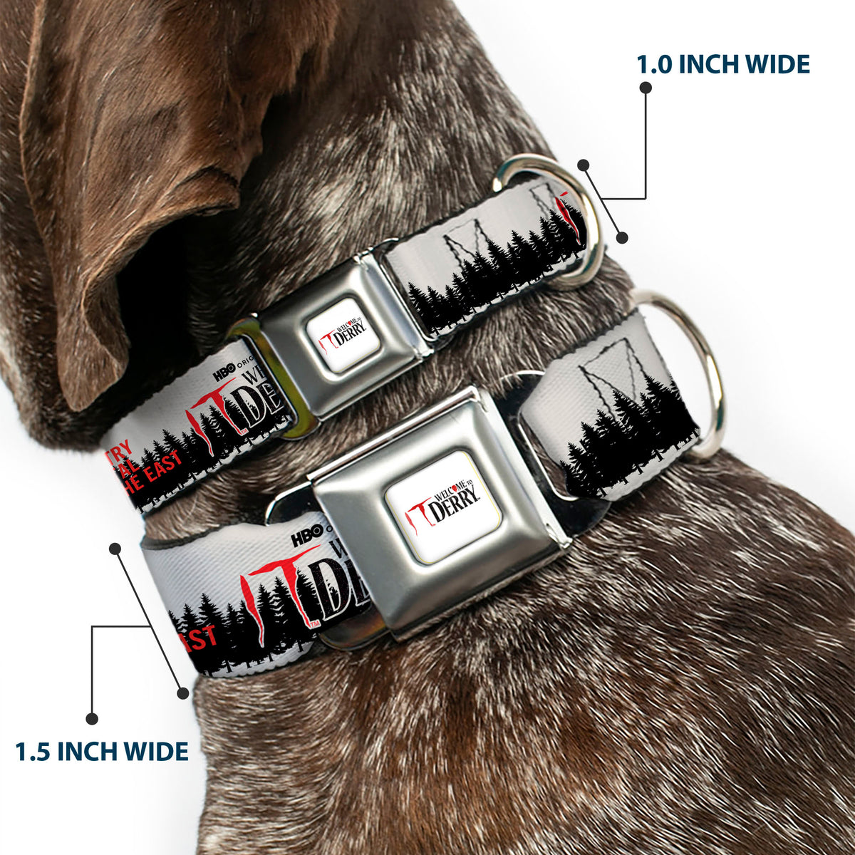 IT WELCOME TO DERRY Title Logo Full Color White Seatbelt Buckle Collar - IT WELCOME TO DERRY Icons and Forest Scenery White/Black/Red Dog Collars Seatbelt Buckle IT