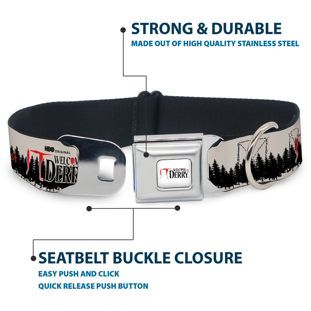 IT WELCOME TO DERRY Title Logo Full Color White Seatbelt Buckle Collar - IT WELCOME TO DERRY Icons and Forest Scenery White/Black/Red Dog Collars Seatbelt Buckle IT