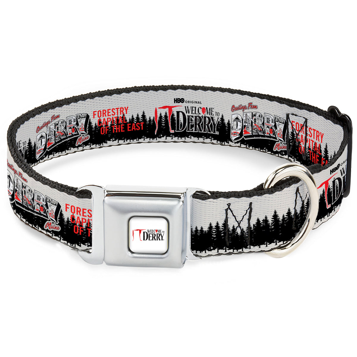 IT WELCOME TO DERRY Title Logo Full Color White Seatbelt Buckle Collar - IT WELCOME TO DERRY Icons and Forest Scenery White/Black/Red Dog Collars Seatbelt Buckle IT
