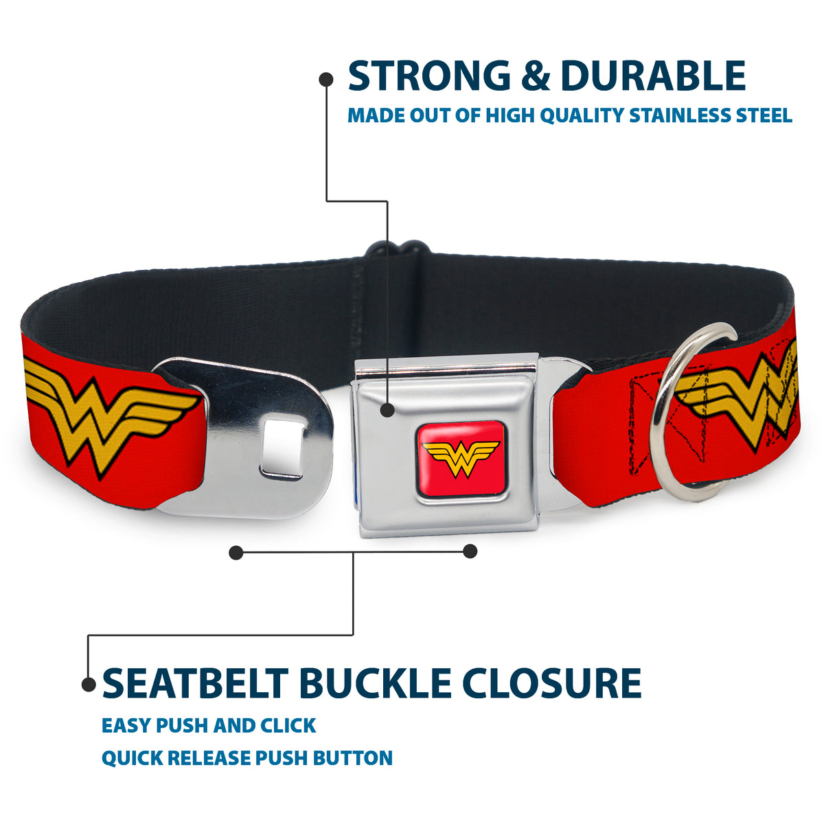 Wonder Woman Logo Full Color Red Seatbelt Buckle Collar - Wonder Woman Logo Red Dog Collars Seatbelt Buckle DC Comics