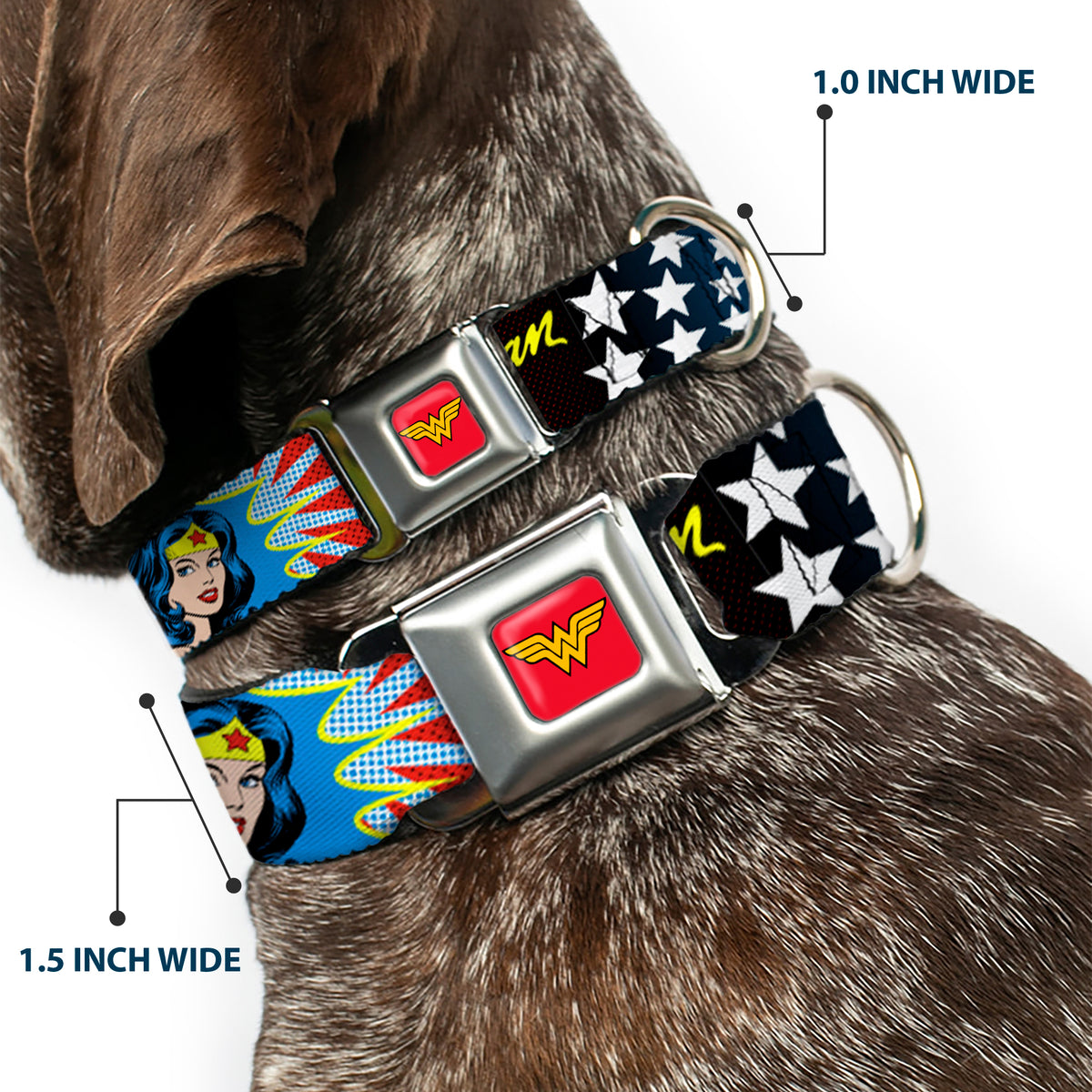 Wonder Woman Logo Full Color Red Seatbelt Buckle Collar - Wonder Woman Face w/Stars Dog Collars Seatbelt Buckle DC Comics
