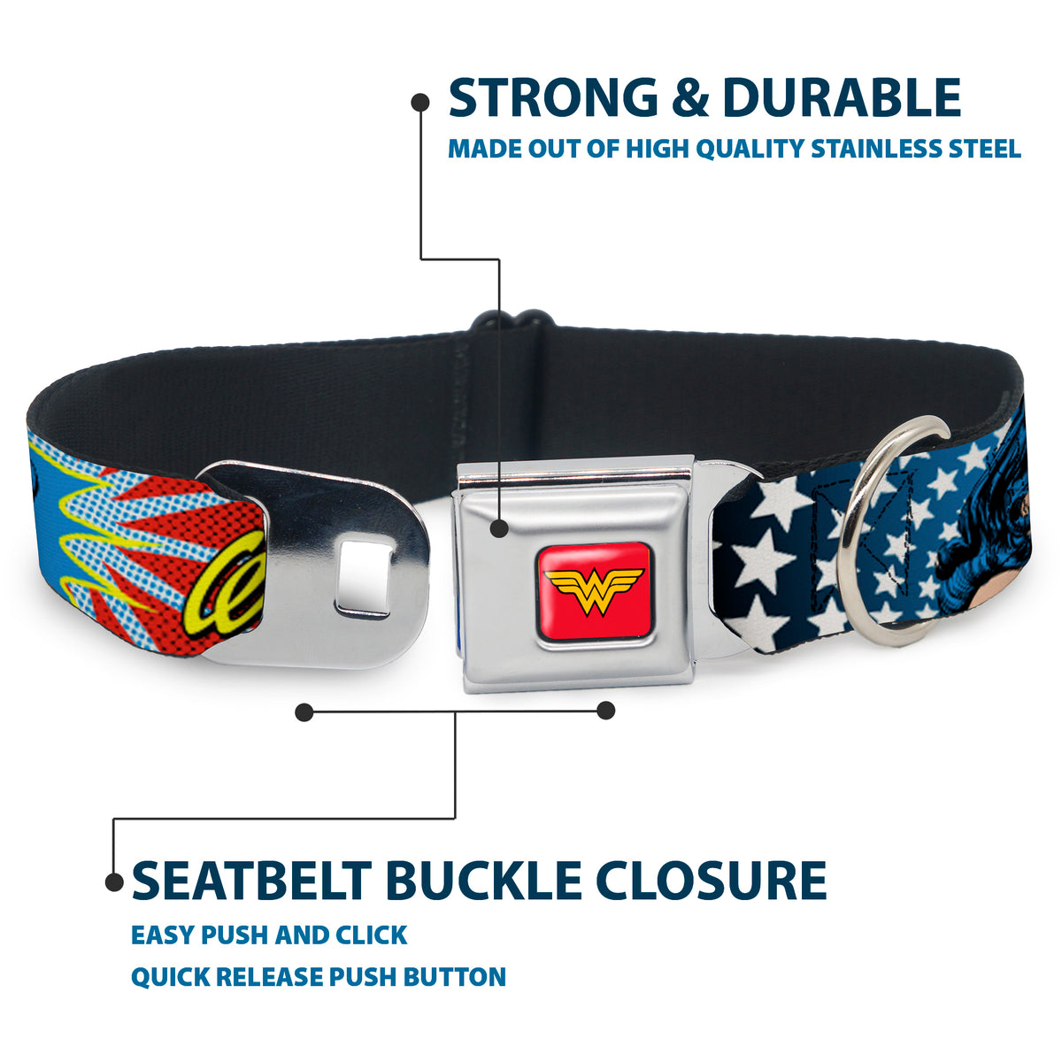 Wonder Woman Logo Full Color Red Seatbelt Buckle Collar - Wonder Woman Face w/Stars Dog Collars Seatbelt Buckle DC Comics