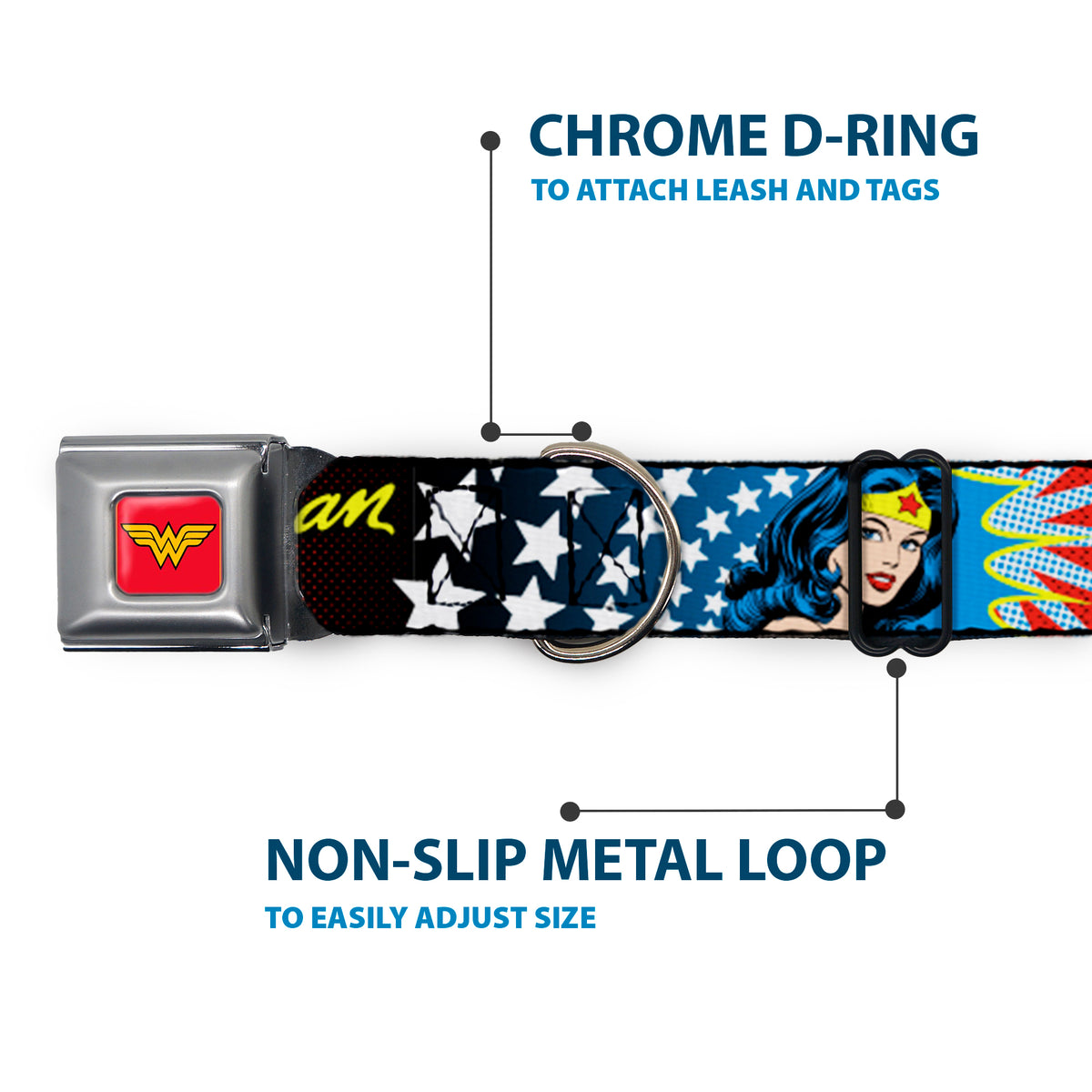 Wonder Woman Logo Full Color Red Seatbelt Buckle Collar - Wonder Woman Face w/Stars Dog Collars Seatbelt Buckle DC Comics