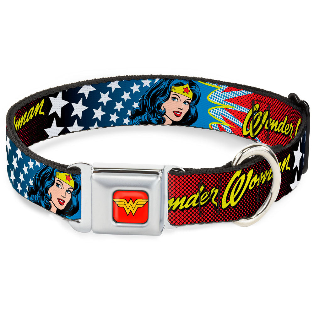 Wonder Woman Logo Full Color Red Seatbelt Buckle Collar - Wonder Woman Face w/Stars Dog Collars Seatbelt Buckle DC Comics