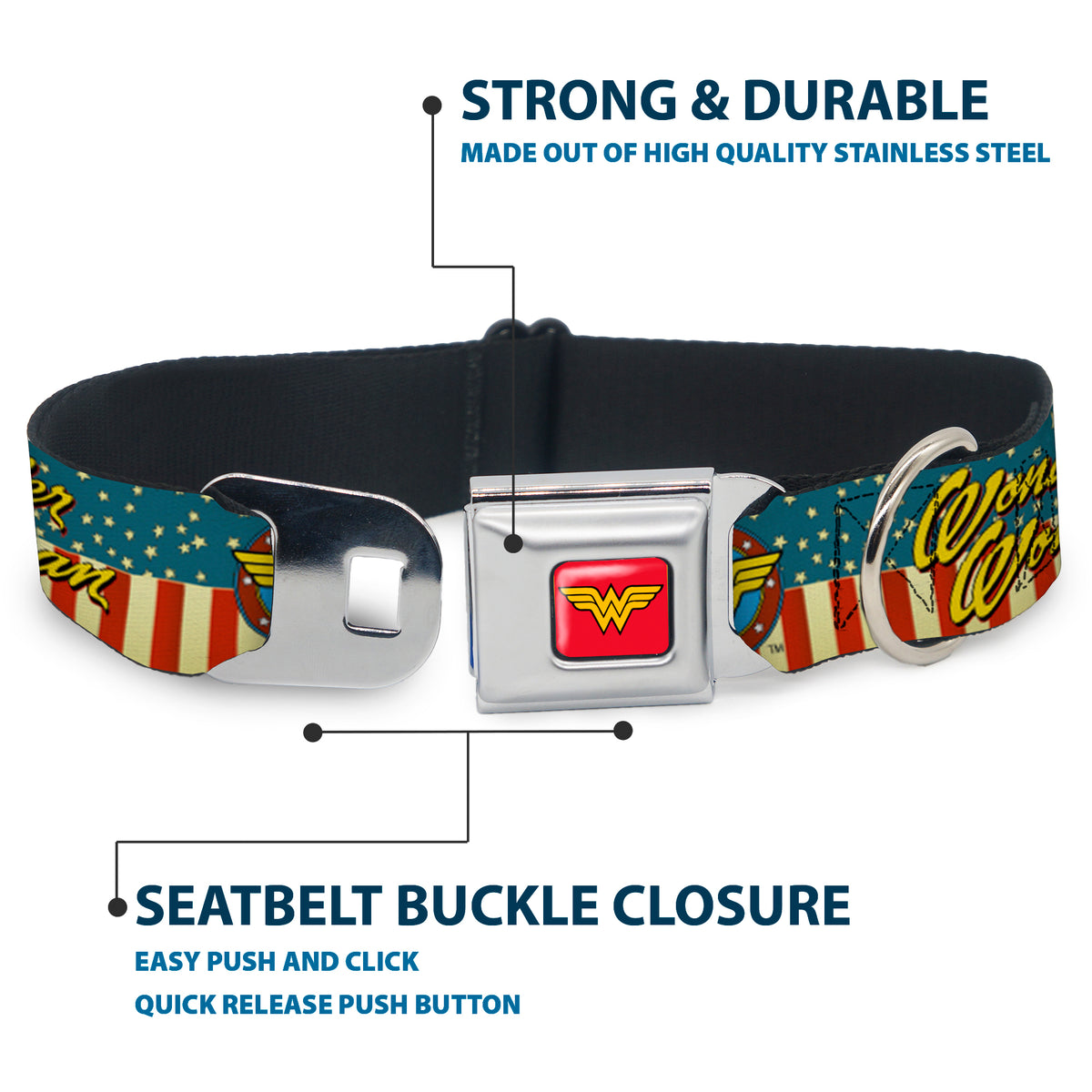 Wonder Woman Logo Full Color Red Seatbelt Buckle Collar - WONDER WOMAN/Logo Americana Red/White/Blue/Yellow Dog Collars Seatbelt Buckle DC Comics